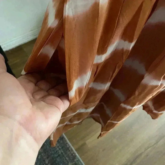 🆕Boho Trendy Khaki Tie Dye Ruffle-Trim Empire Waist Dress L🆕 - Picture 5 of 9